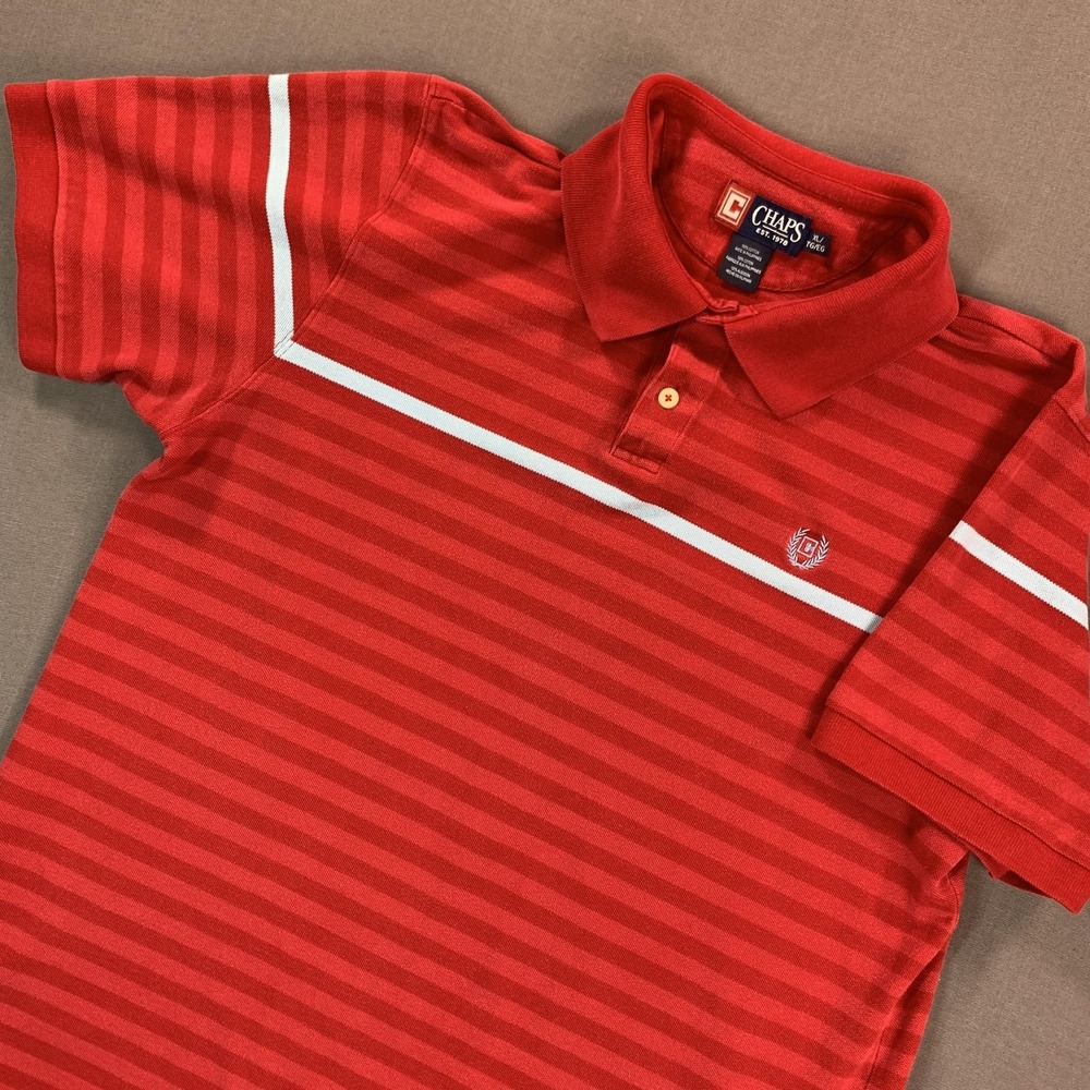 Chaps Polo Shirt Mens XL Red Stripe Cotton Knit Crest Logo Casual‎ Preppy